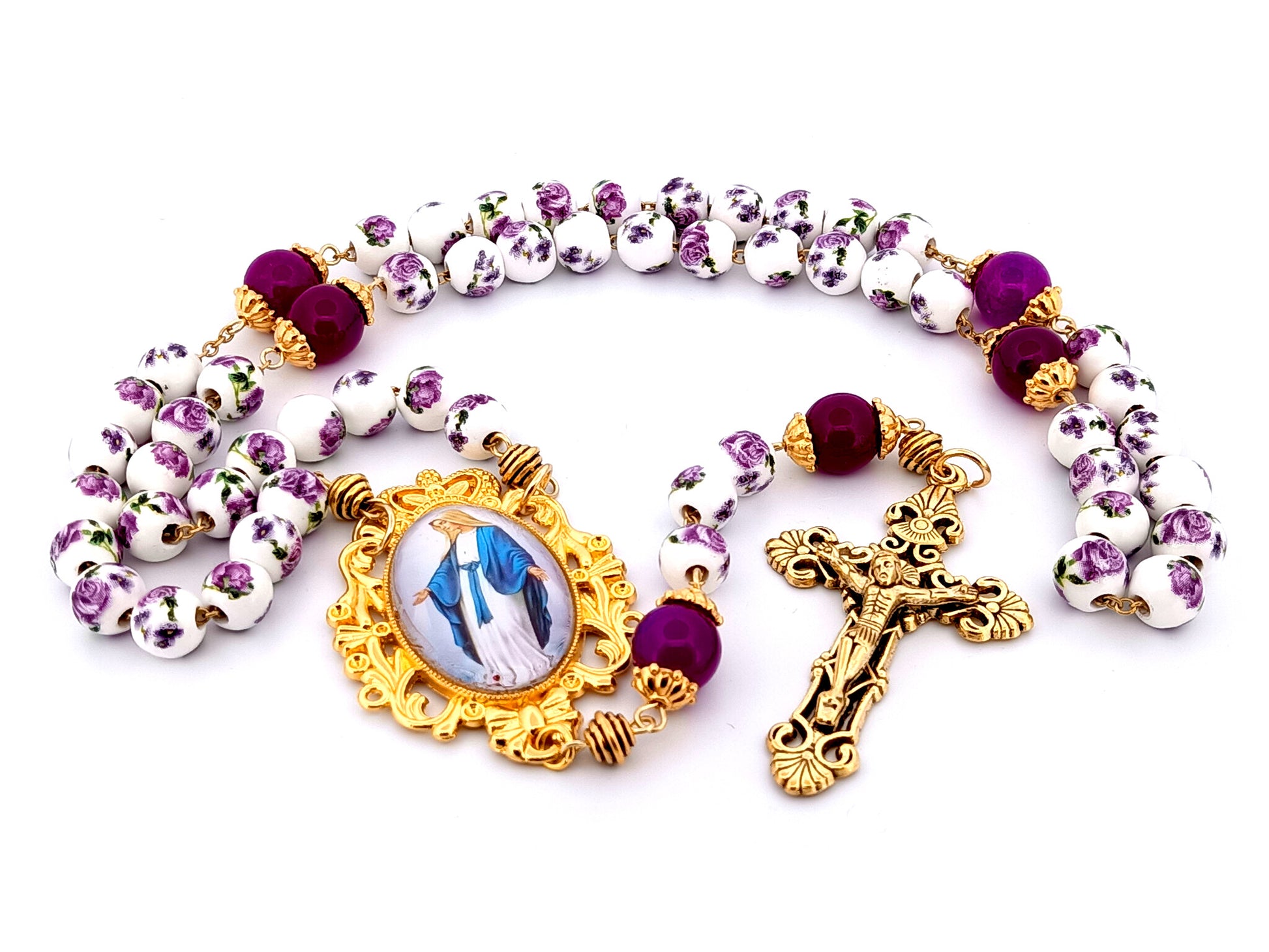 Our Lady of Grace unique rosary beads  floral porcelain and purple glass rosary with gold plated filigree crucifix.