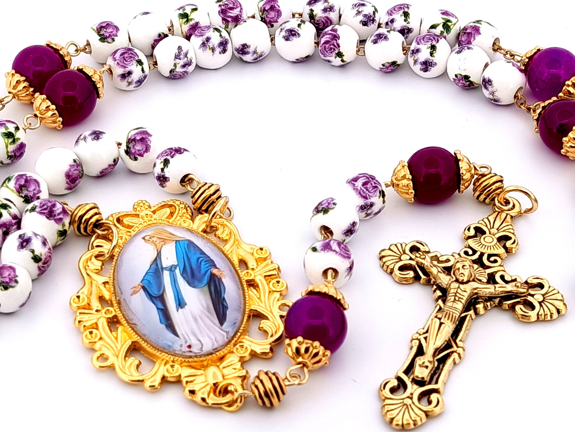 Our Lady of Grace unique rosary beads  floral porcelain and purple glass rosary with gold plated filigree crucifix.