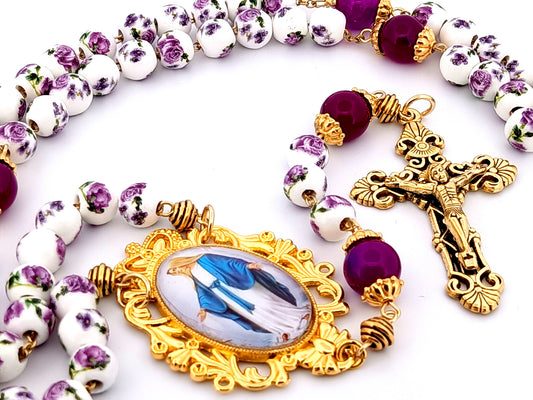 Our Lady of Grace unique rosary beads floral porcelain and purple glass rosary with gold plated filigree crucifix.