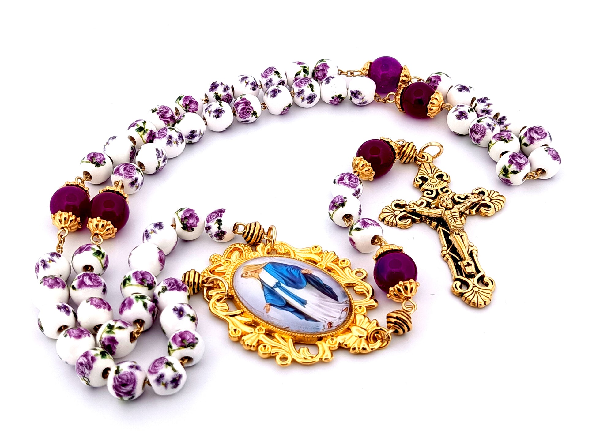 Our Lady of Grace unique rosary beads  floral porcelain and purple glass rosary with gold plated filigree crucifix.