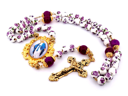 Our Lady of Grace unique rosary beads  floral porcelain and purple glass rosary with gold plated filigree crucifix.