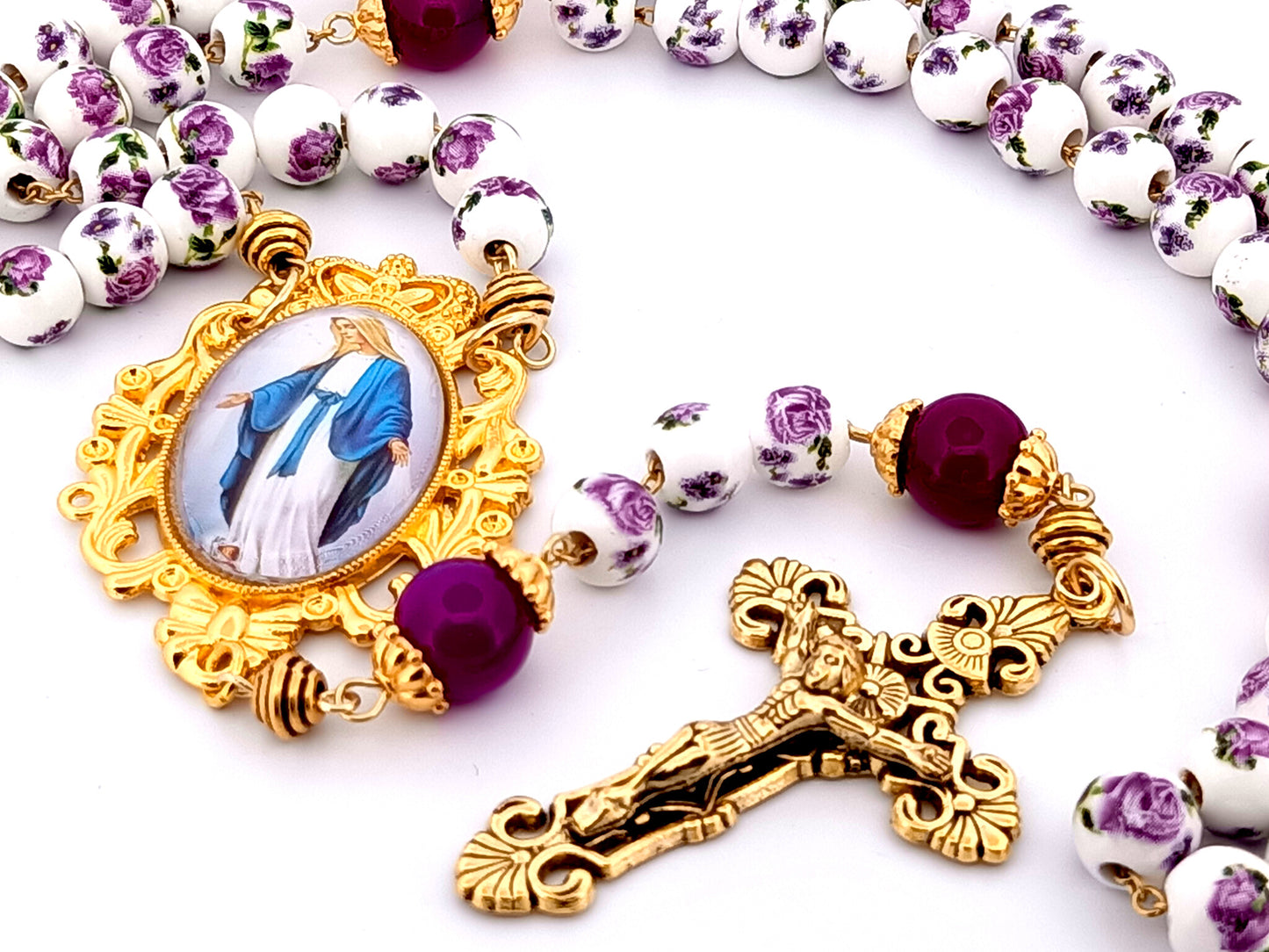 Our Lady of Grace unique rosary beads  floral porcelain and purple glass rosary with gold plated filigree crucifix.