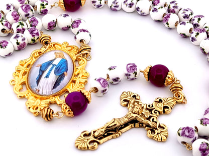 Our Lady of Grace unique rosary beads  floral porcelain and purple glass rosary with gold plated filigree crucifix.