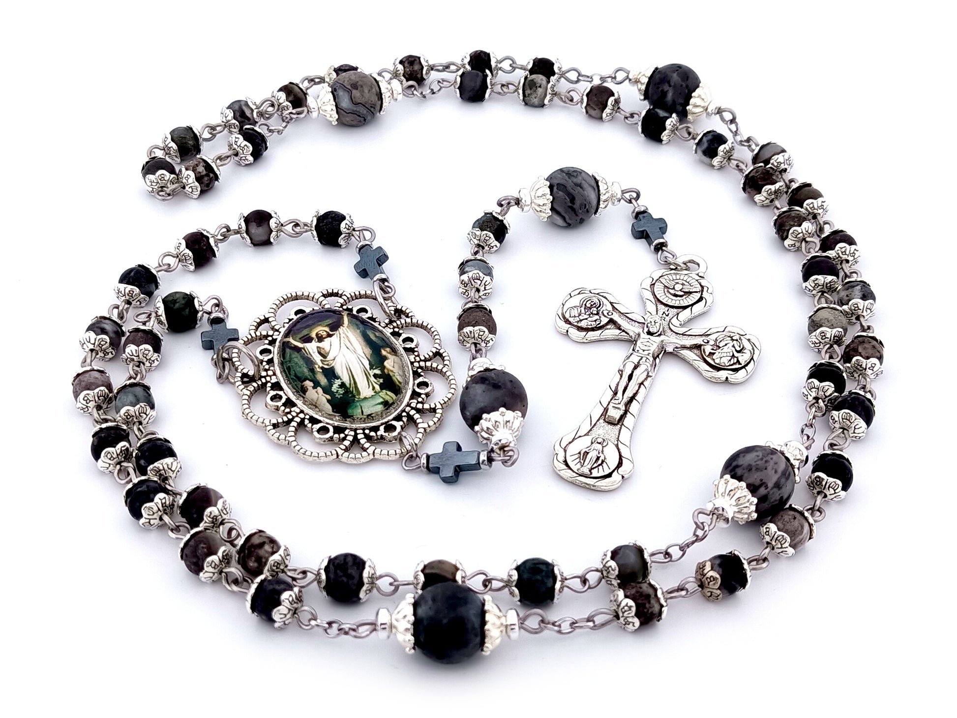 The Resurrection unique rosary beads jasper and labradorite gemstone rosary with four Basilicas crucifix.