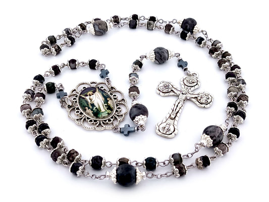 The Resurrection unique rosary beads jasper and labradorite gemstone rosary with four Basilicas crucifix.
