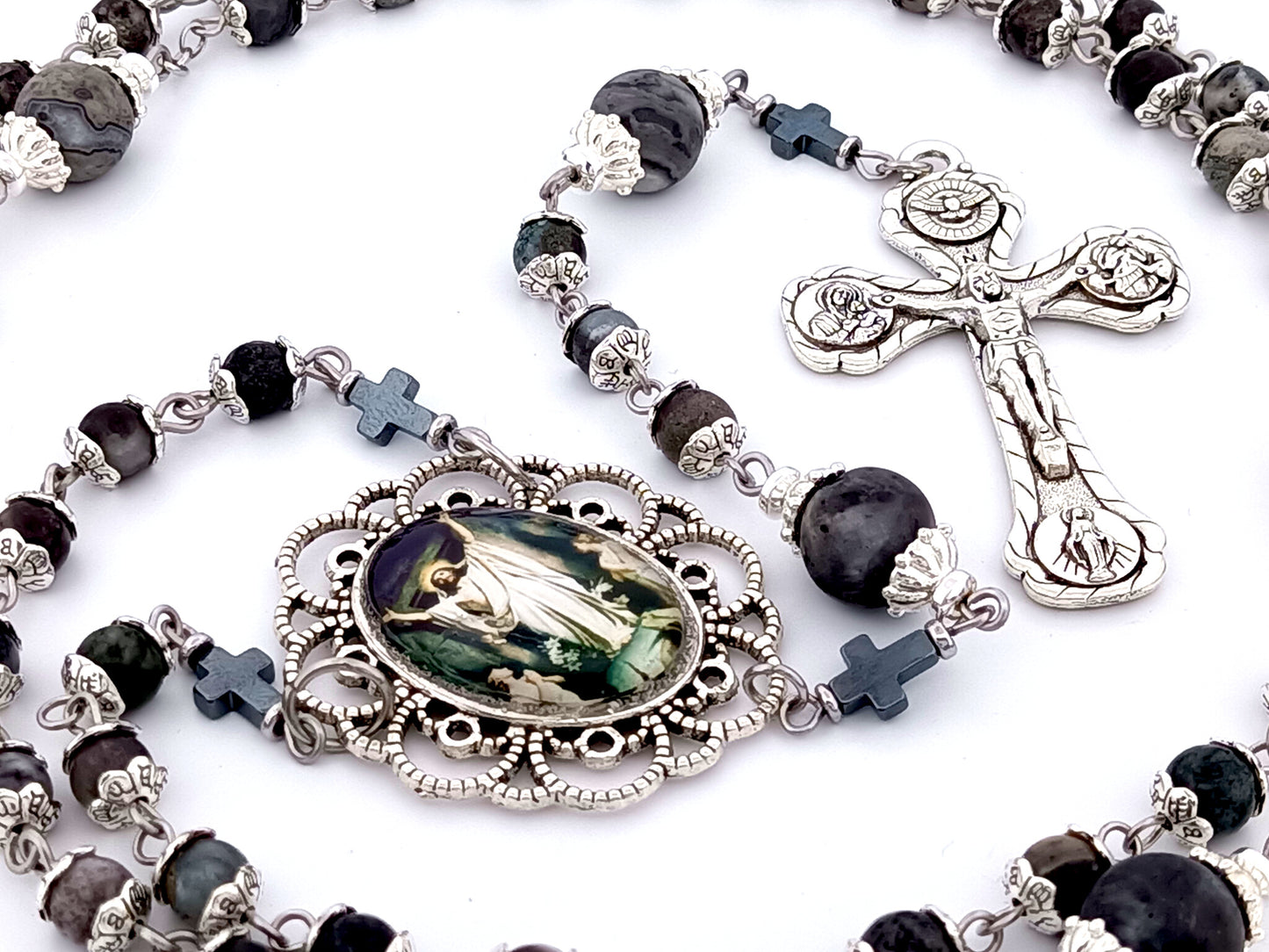 The Resurrection unique rosary beads jasper and labradorite gemstone rosary with four Basilicas crucifix.