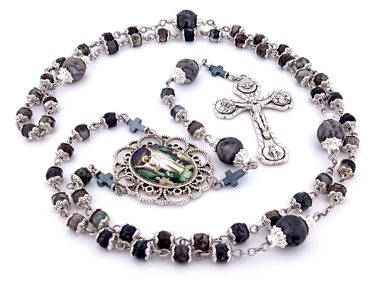 The Resurrection unique rosary beads jasper and labradorite gemstone rosary with four Basilicas crucifix.