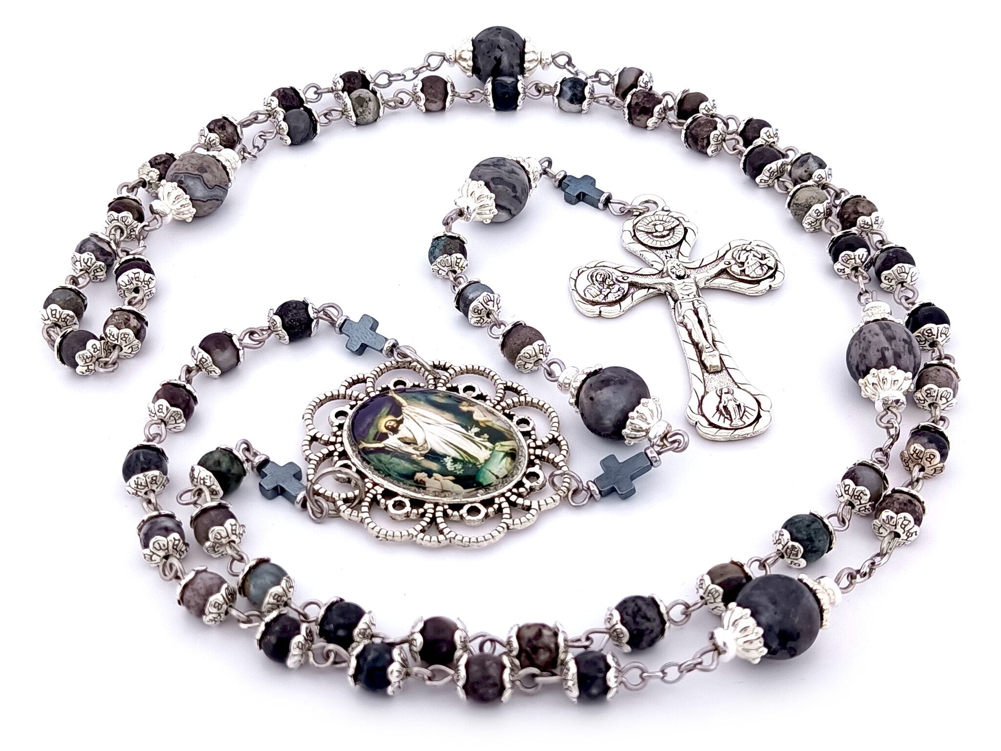 The Resurrection unique rosary beads jasper and labradorite gemstone rosary with four Basilicas crucifix.