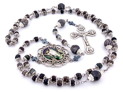 The Resurrection unique rosary beads jasper and labradorite gemstone rosary with four Basilicas crucifix.