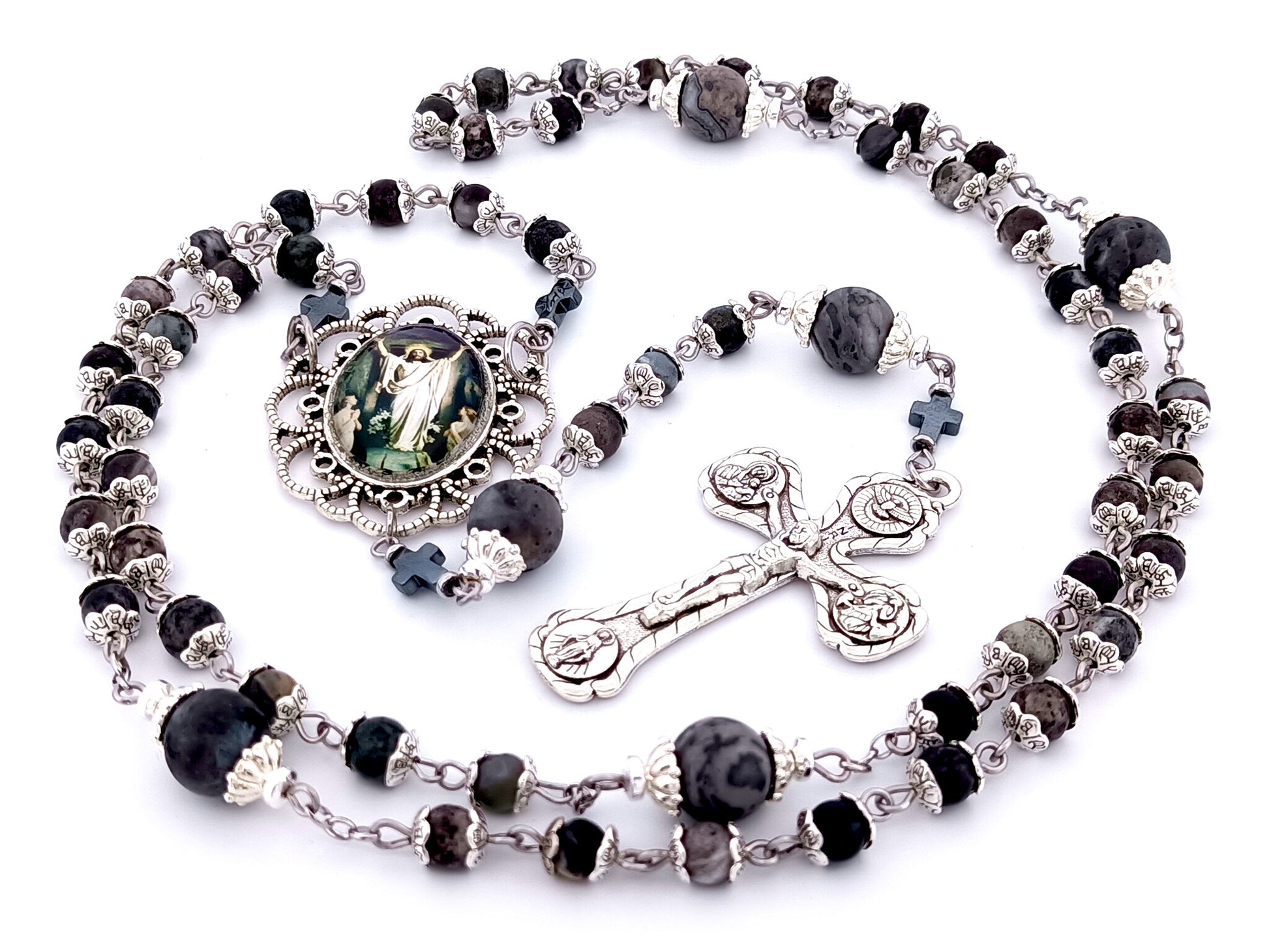 The Resurrection unique rosary beads jasper and labradorite gemstone rosary with four Basilicas crucifix.