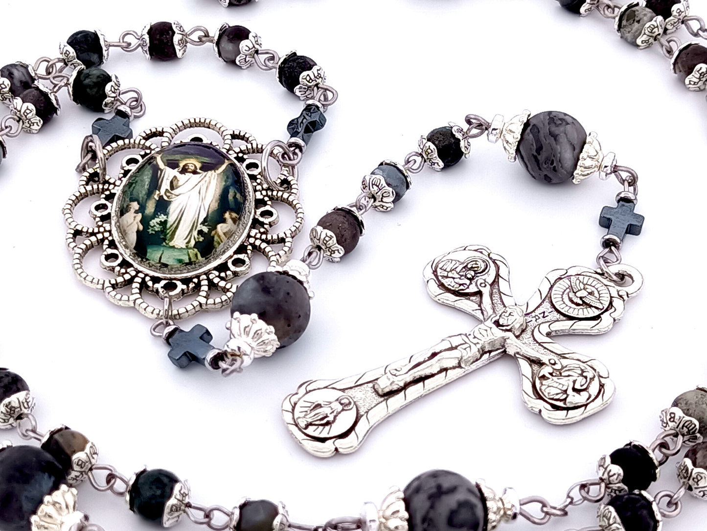 The Resurrection unique rosary beads jasper and labradorite gemstone rosary with four Basilicas crucifix.