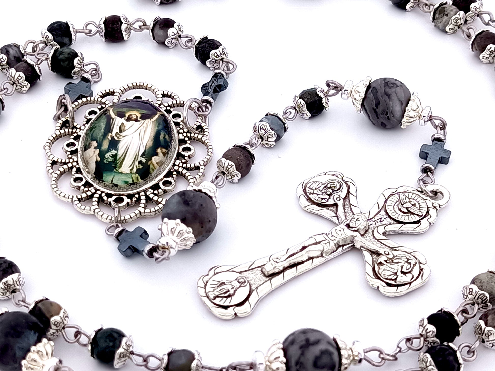 The Resurrection unique rosary beads jasper and labradorite gemstone rosary with four Basilicas crucifix.