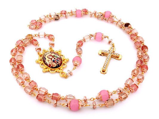 Our Lady of Perpetual Help unique rosary beads quartz gemstone and pink cats eye glass rosary with gold plated cubic zirconia cross.