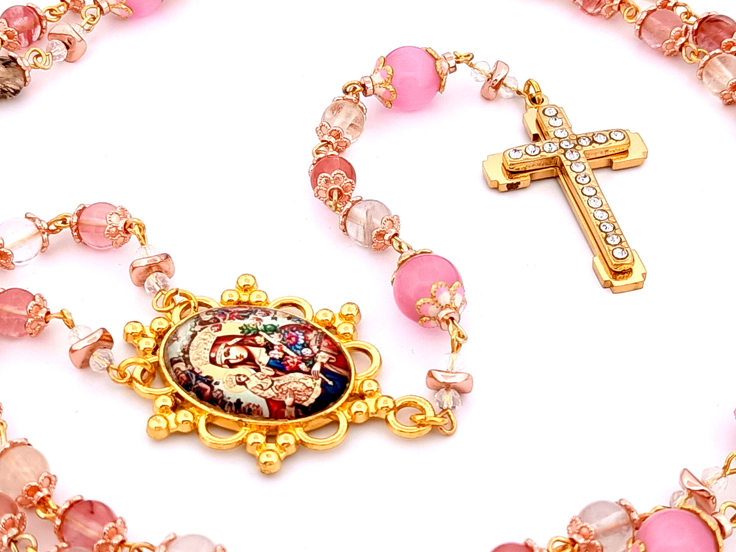 Our Lady of Perpetual Help unique rosary beads quartz gemstone and pink cats eye glass rosary with gold plated cubic zirconia cross.