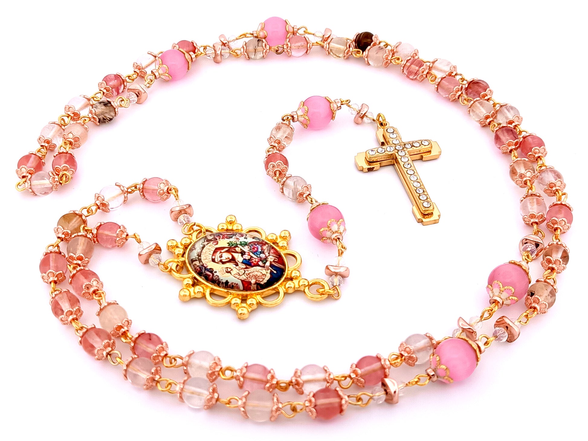 Our Lady of Perpetual Help unique rosary beads quartz gemstone and pink cats eye glass rosary with gold plated cubic zirconia cross.