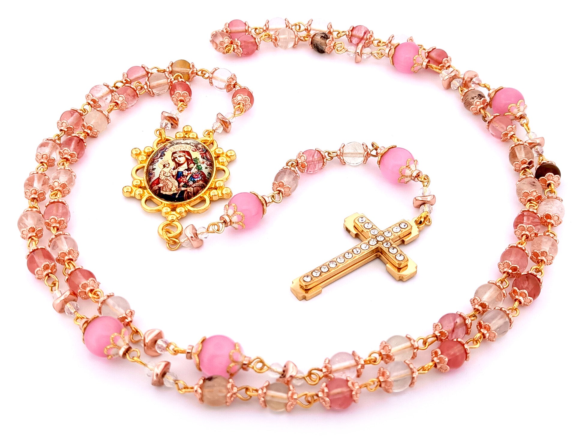 Our Lady of Perpetual Help unique rosary beads quartz gemstone and pink cats eye glass rosary with gold plated cubic zirconia cross.