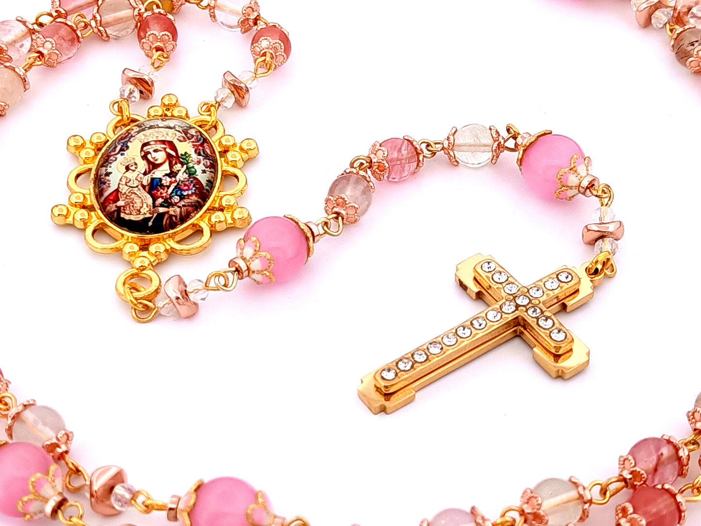 Our Lady of Perpetual Help unique rosary beads quartz gemstone and pink cats eye glass rosary with gold plated cubic zirconia cross.