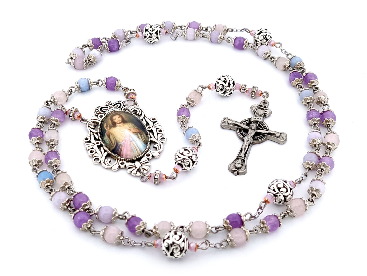 Divine Mercy unique rosary beads aqua marine, rose quartz and amethyst gemstone and silver rosary with pewter Claddagh crucifix.
