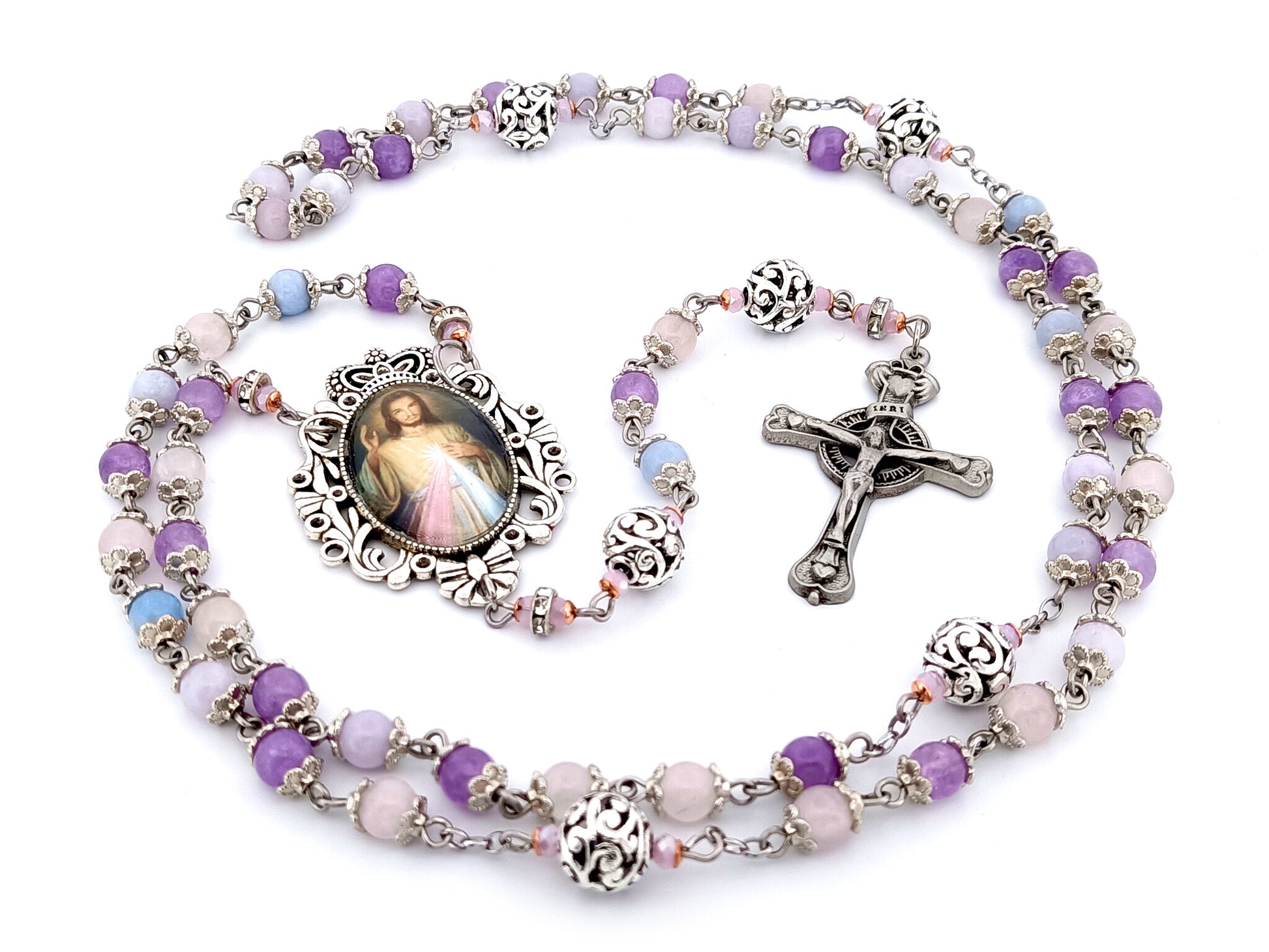 Divine Mercy unique rosary beads aqua marine, rose quartz and amethyst gemstone and silver rosary with pewter Claddagh crucifix.