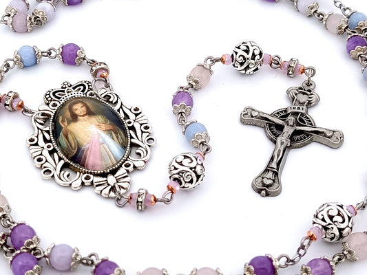 Divine Mercy unique rosary beads aqua marine, rose quartz and amethyst gemstone and silver rosary with pewter Claddagh crucifix.