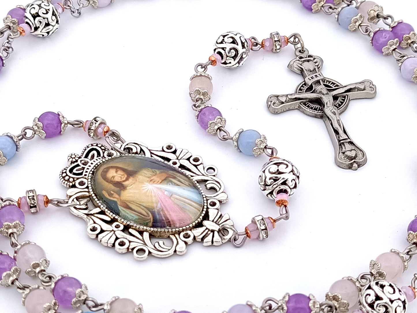 Divine Mercy unique rosary beads aqua marine, rose quartz and amethyst gemstone and silver rosary with pewter Claddagh crucifix.