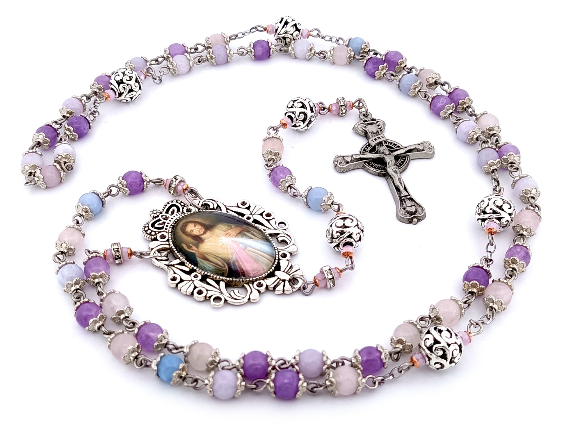 Divine Mercy unique rosary beads aqua marine, rose quartz and amethyst gemstone and silver rosary with pewter Claddagh crucifix.