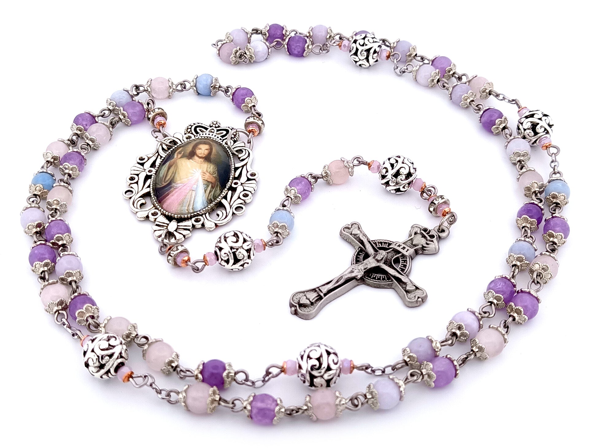 Divine Mercy unique rosary beads aqua marine, rose quartz and amethyst gemstone and silver rosary with pewter Claddagh crucifix.