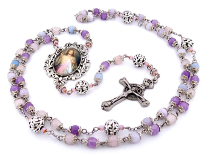 Divine Mercy unique rosary beads aqua marine, rose quartz and amethyst gemstone and silver rosary with pewter Claddagh crucifix.