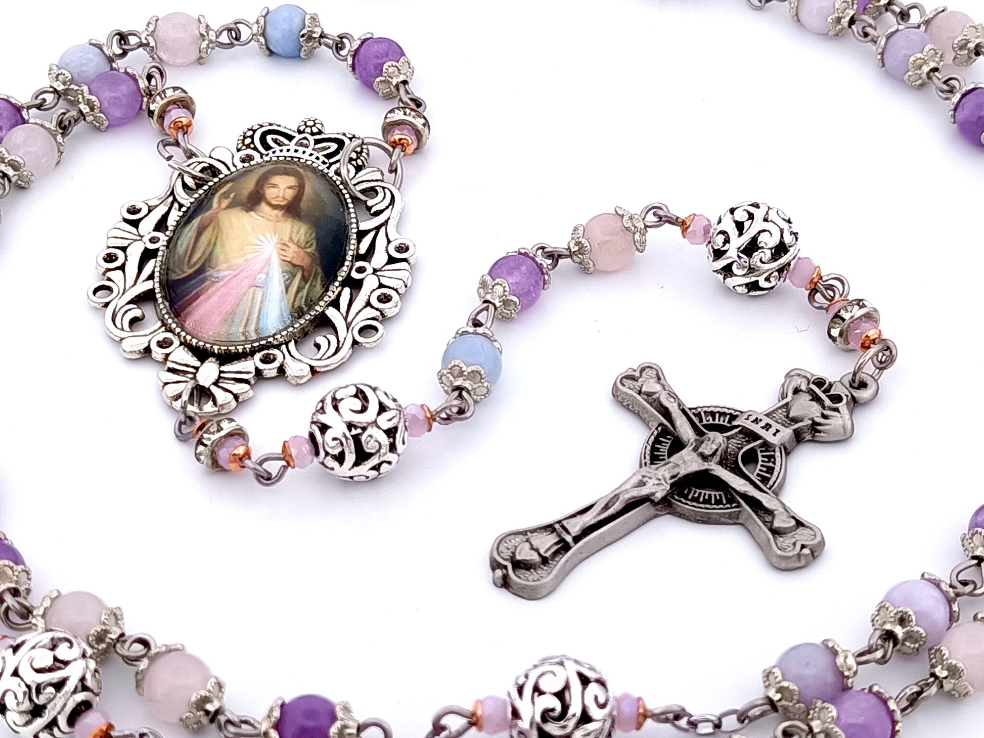 Divine Mercy unique rosary beads aqua marine, rose quartz and amethyst gemstone and silver rosary with pewter Claddagh crucifix.