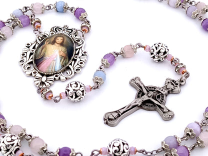 Divine Mercy unique rosary beads aqua marine, rose quartz and amethyst gemstone and silver rosary with pewter Claddagh crucifix.