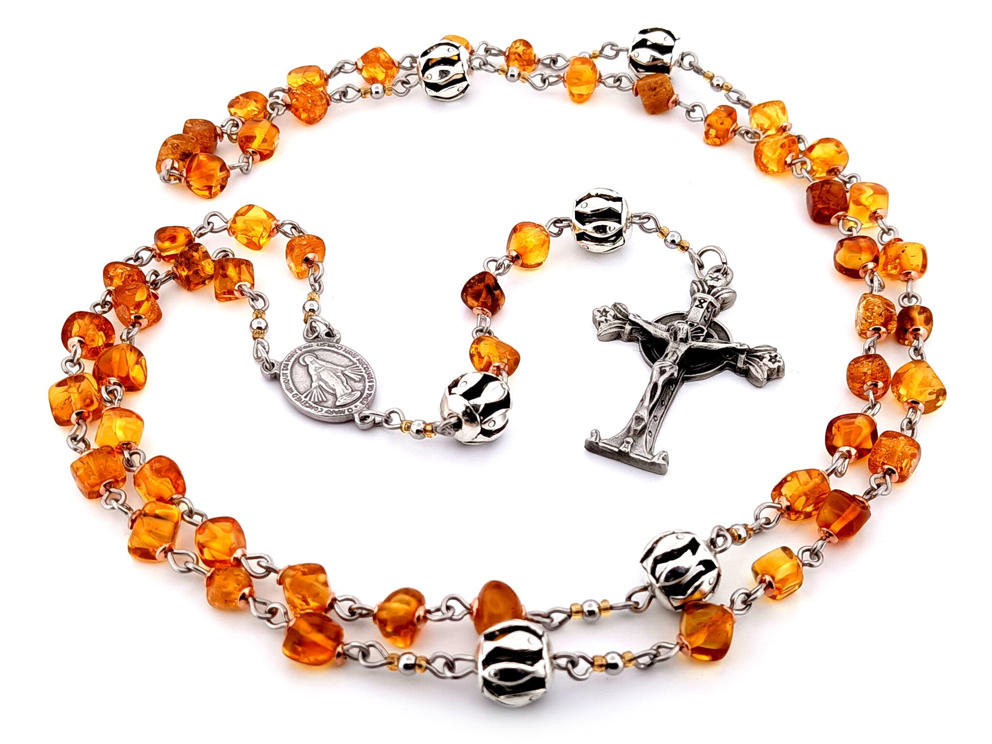 Miraculous Medal unique rosary beads natural amber and silver rosary with pewter Lourdes Chapel crucifix.