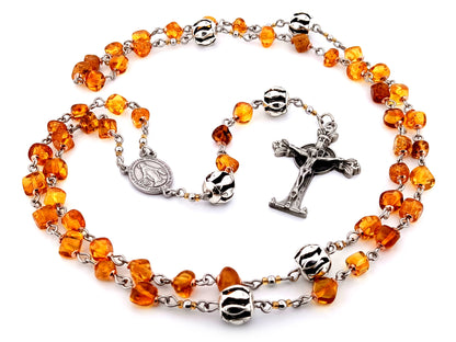 Miraculous Medal unique rosary beads natural amber and silver rosary with pewter Lourdes Chapel crucifix.