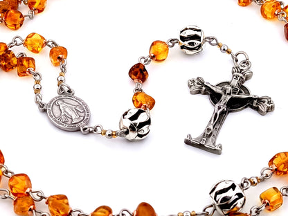 Miraculous Medal unique rosary beads natural amber and silver rosary with pewter Lourdes Chapel crucifix.