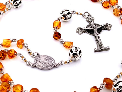 Miraculous Medal unique rosary beads natural amber and silver rosary with pewter Lourdes Chapel crucifix.