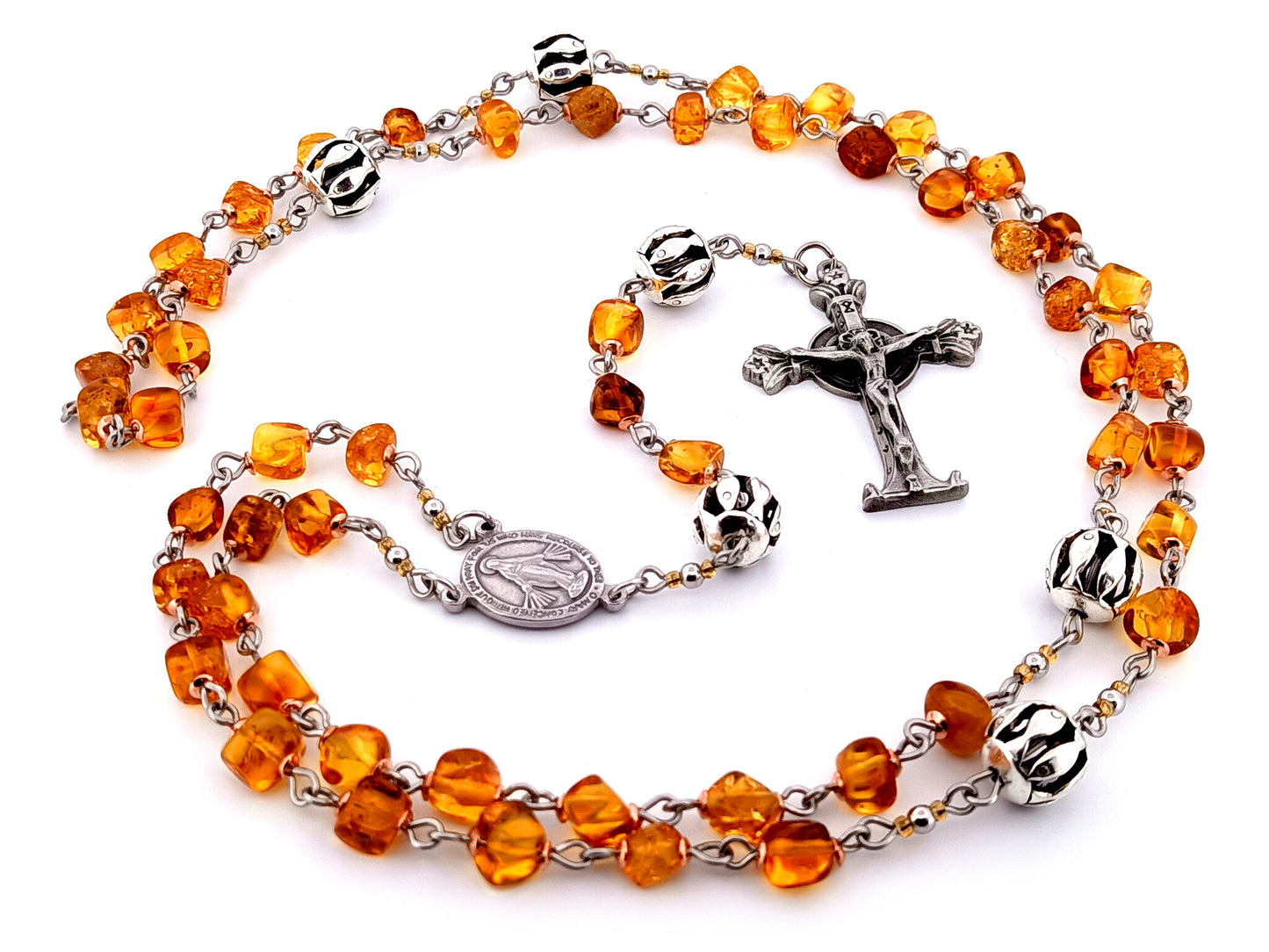 Miraculous Medal unique rosary beads natural amber and silver rosary with pewter Lourdes Chapel crucifix.