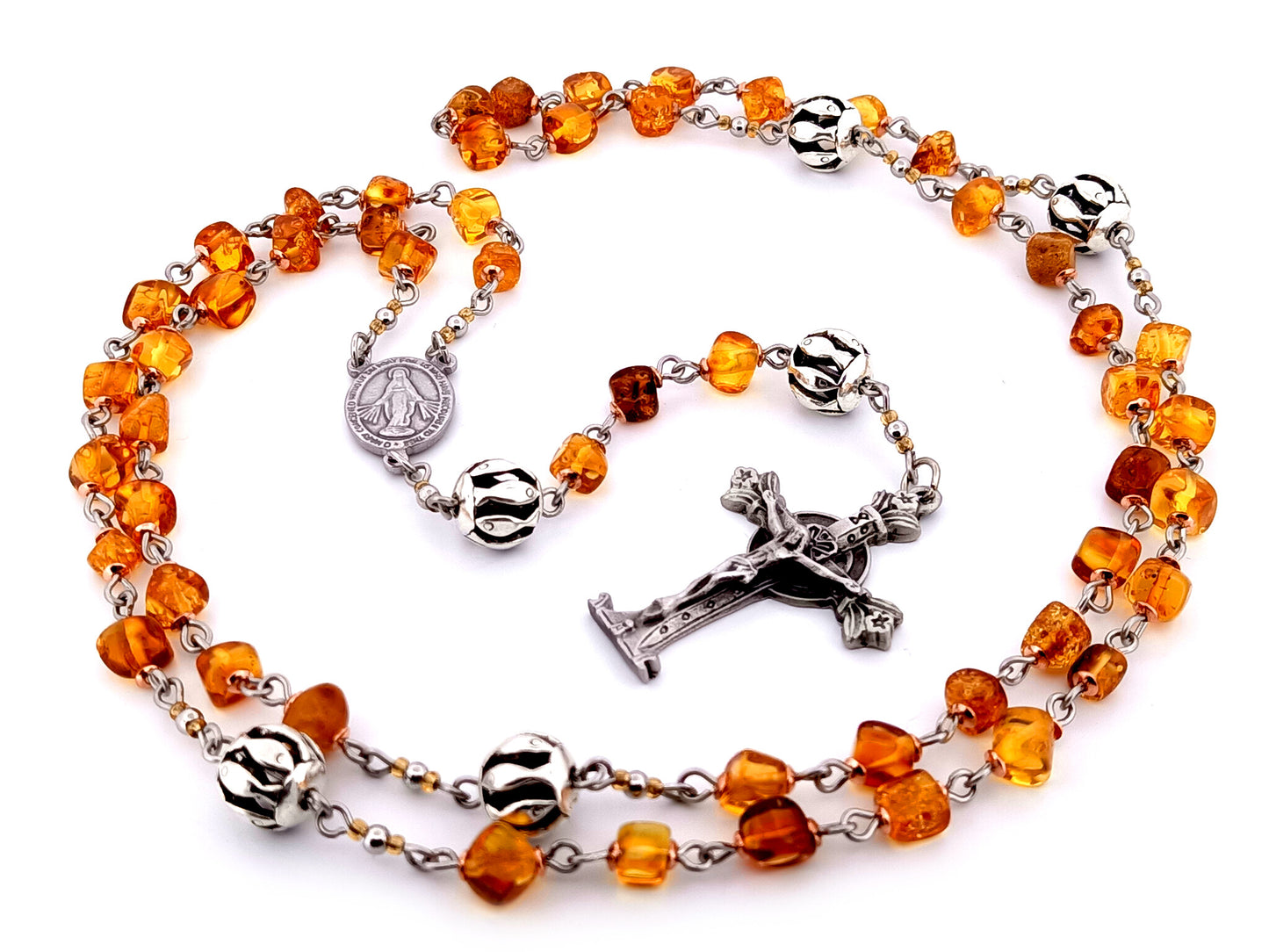 Miraculous Medal unique rosary beads natural amber and silver rosary with pewter Lourdes Chapel crucifix.