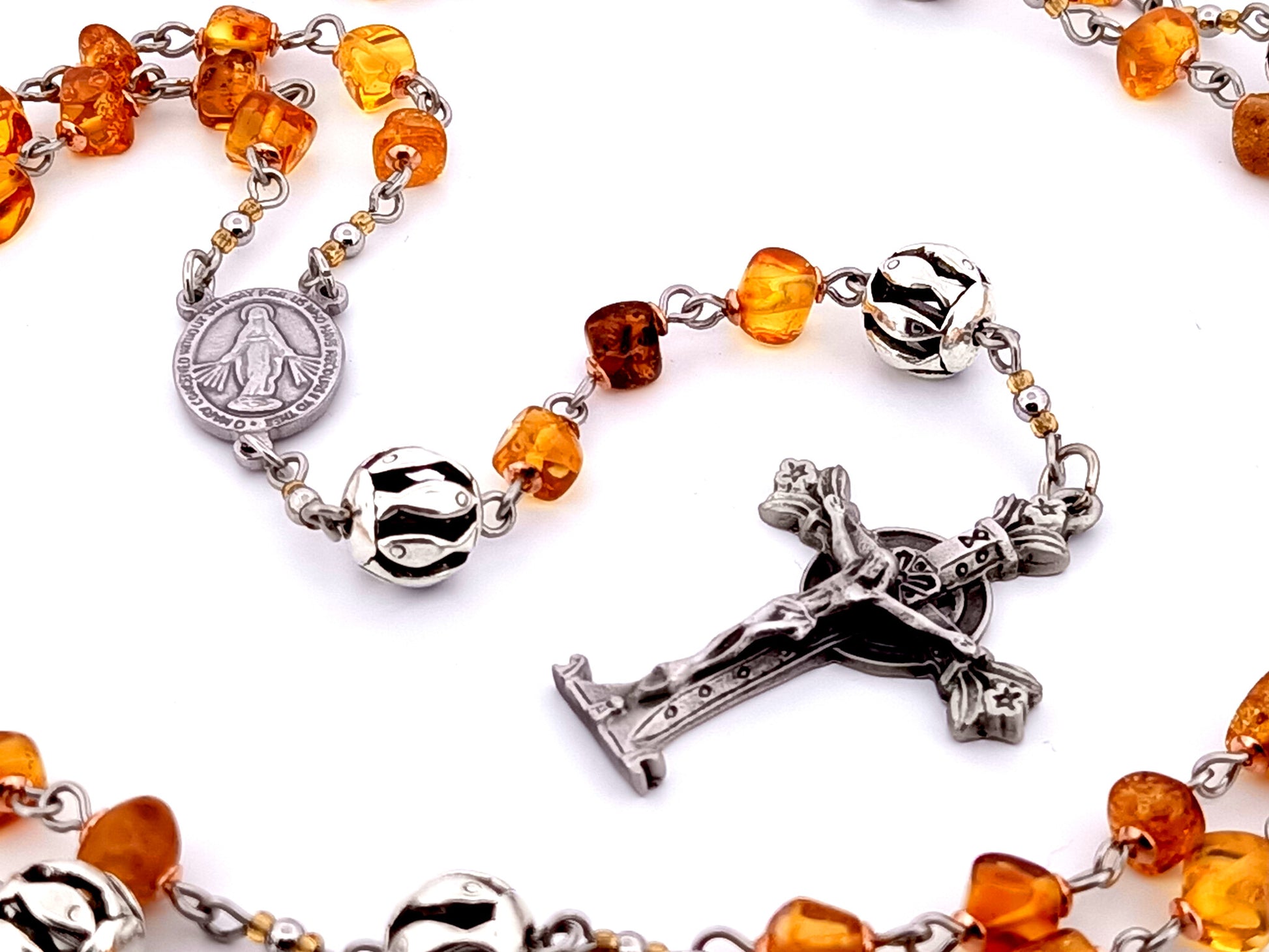 Miraculous Medal unique rosary beads natural amber and silver rosary with pewter Lourdes Chapel crucifix.