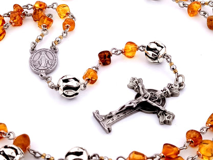 Miraculous Medal unique rosary beads natural amber and silver rosary with pewter Lourdes Chapel crucifix.