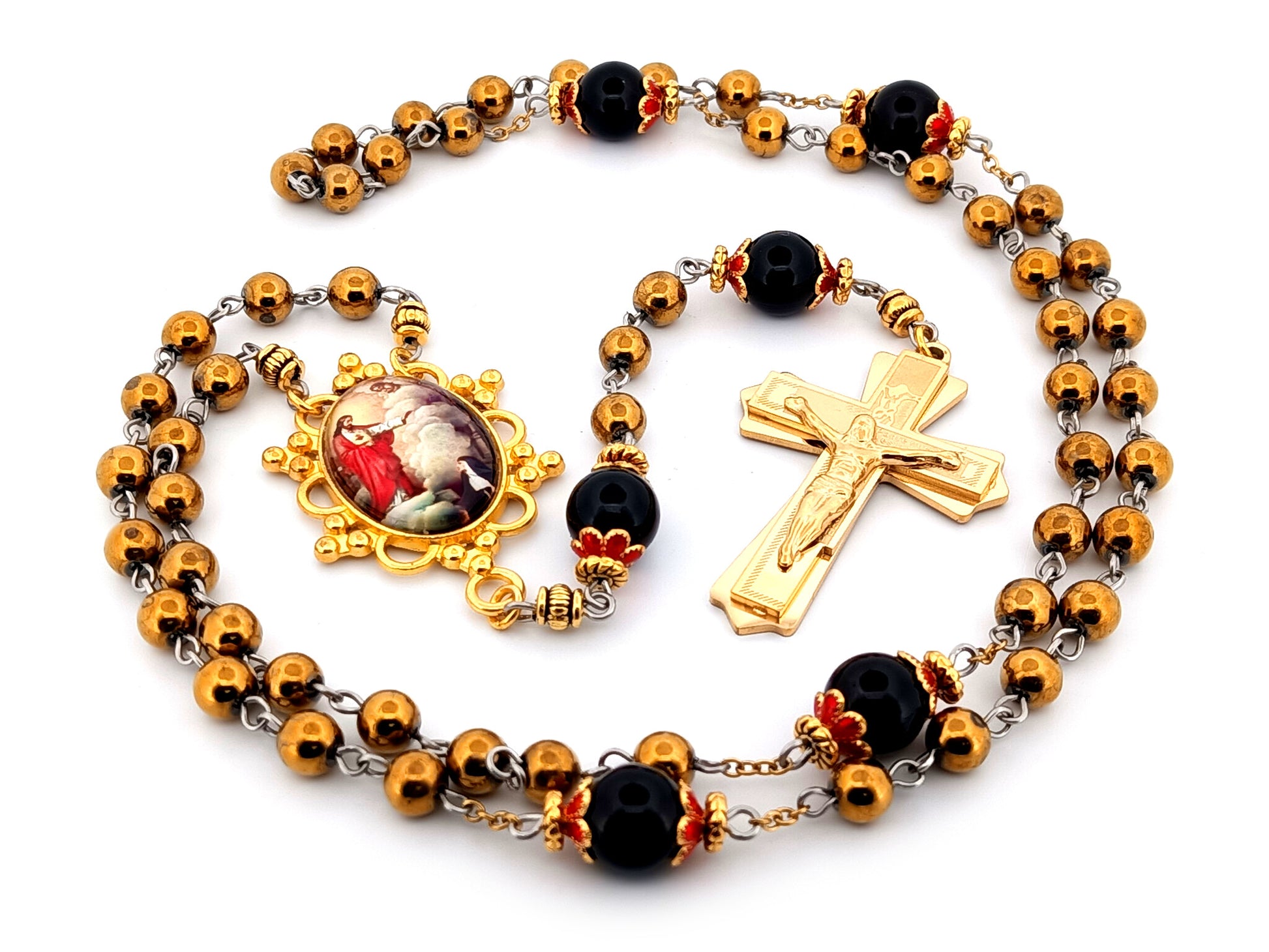 Saint Margret Mary Alacoque and The Sacred Heart unique rosary beads gold plated hematite and onyx gemstone rosary with gold plated crucifix.