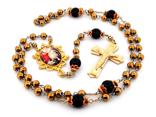 Saint Margret Mary Alacoque and The Sacred Heart unique rosary beads gold plated hematite and onyx gemstone rosary with gold plated crucifix.