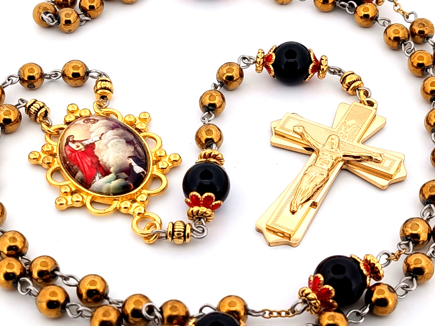 Saint Margret Mary Alacoque and The Sacred Heart unique rosary beads gold plated hematite and onyx gemstone rosary with gold plated crucifix.