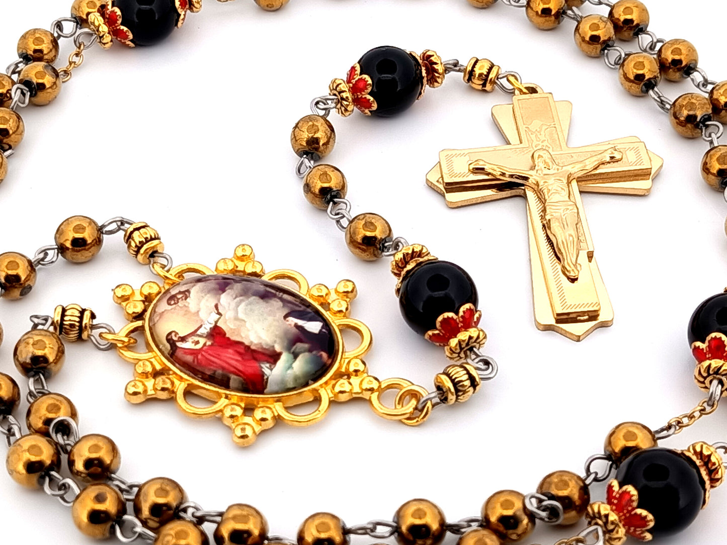 Saint Margret Mary Alacoque and The Sacred Heart unique rosary beads gold plated hematite and onyx gemstone rosary with gold plated crucifix.