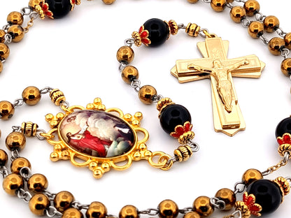 Saint Margret Mary Alacoque and The Sacred Heart unique rosary beads gold plated hematite and onyx gemstone rosary with gold plated crucifix.