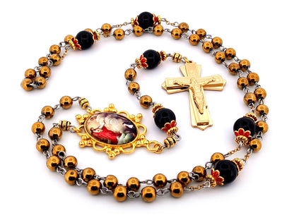 Saint Margret Mary Alacoque and The Sacred Heart unique rosary beads gold plated hematite and onyx gemstone rosary with gold plated crucifix.