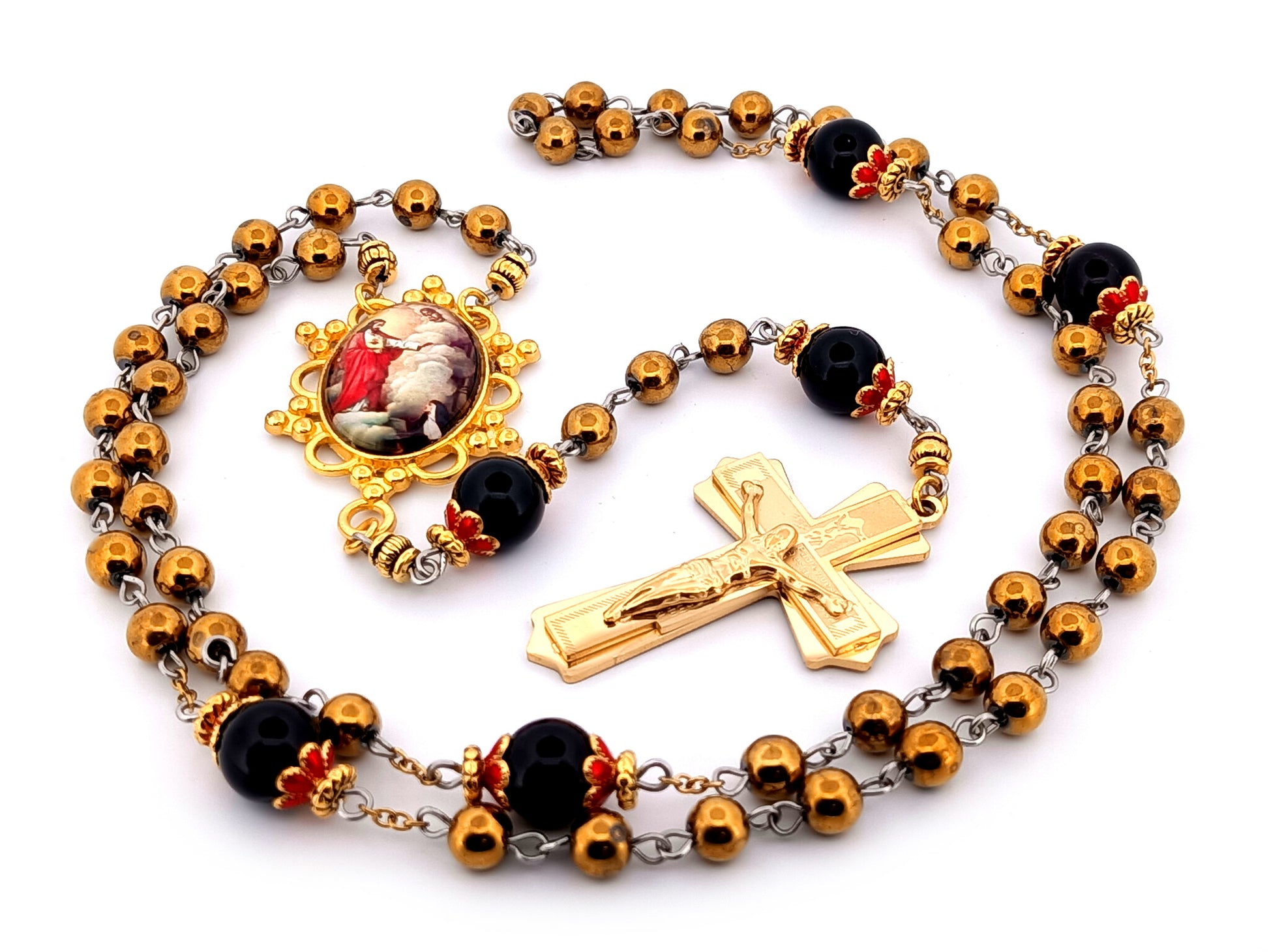 Saint Margret Mary Alacoque and The Sacred Heart unique rosary beads gold plated hematite and onyx gemstone rosary with gold plated crucifix.