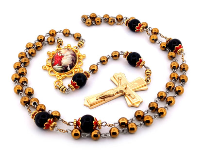 Saint Margret Mary Alacoque and The Sacred Heart unique rosary beads gold plated hematite and onyx gemstone rosary with gold plated crucifix.