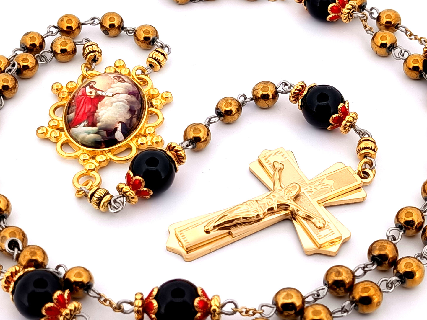 Saint Margret Mary Alacoque and The Sacred Heart unique rosary beads gold plated hematite and onyx gemstone rosary with gold plated crucifix.