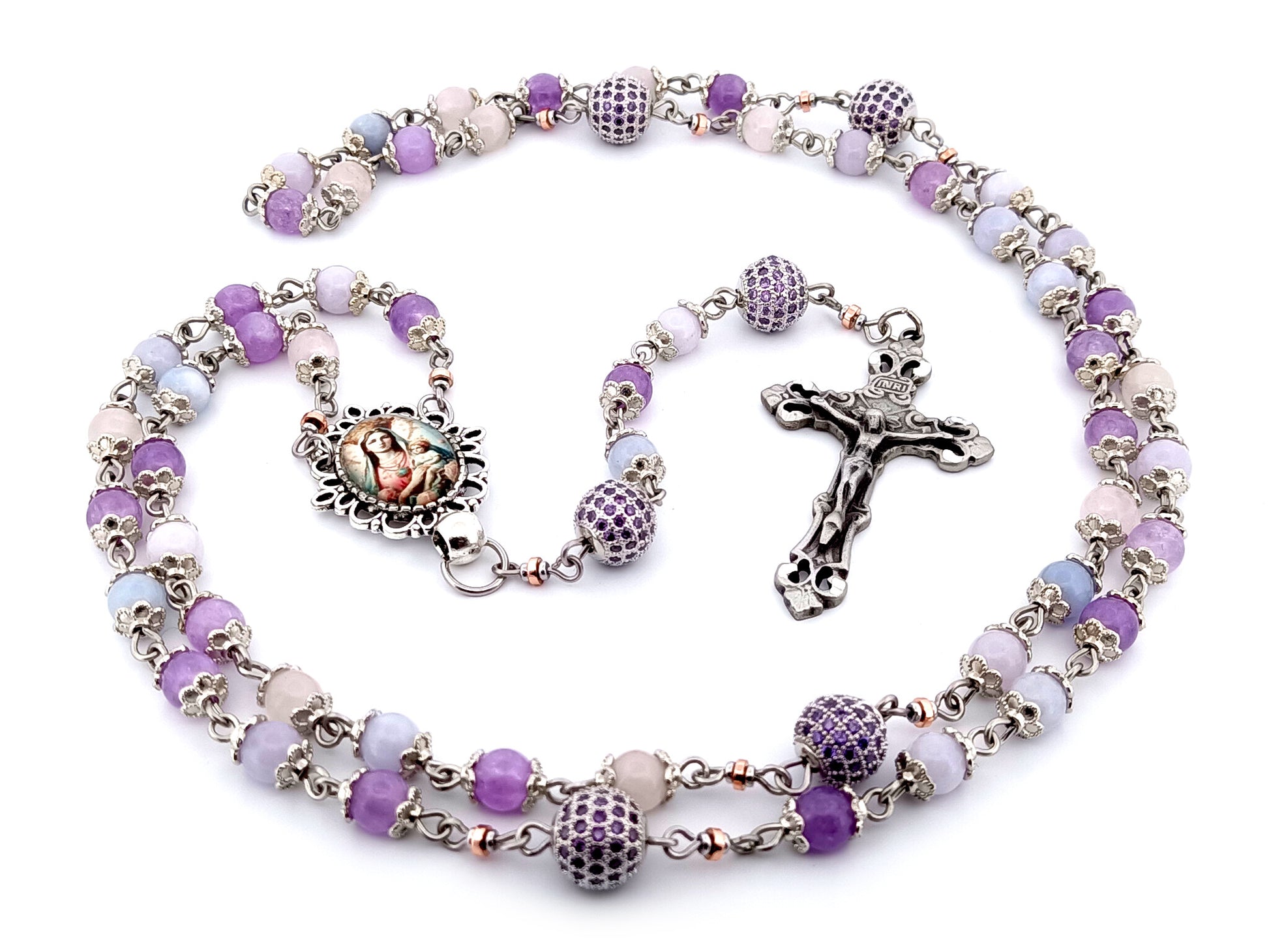 Our Lady of Perpetual Succor unique rosary beads aqua marine, rose quartz and amethyst gemstone rosary with pewter filigree crucifix.