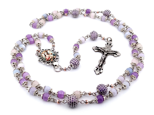 Our Lady of Perpetual Succor unique rosary beads aqua marine, rose quartz and amethyst gemstone rosary with pewter filigree crucifix.