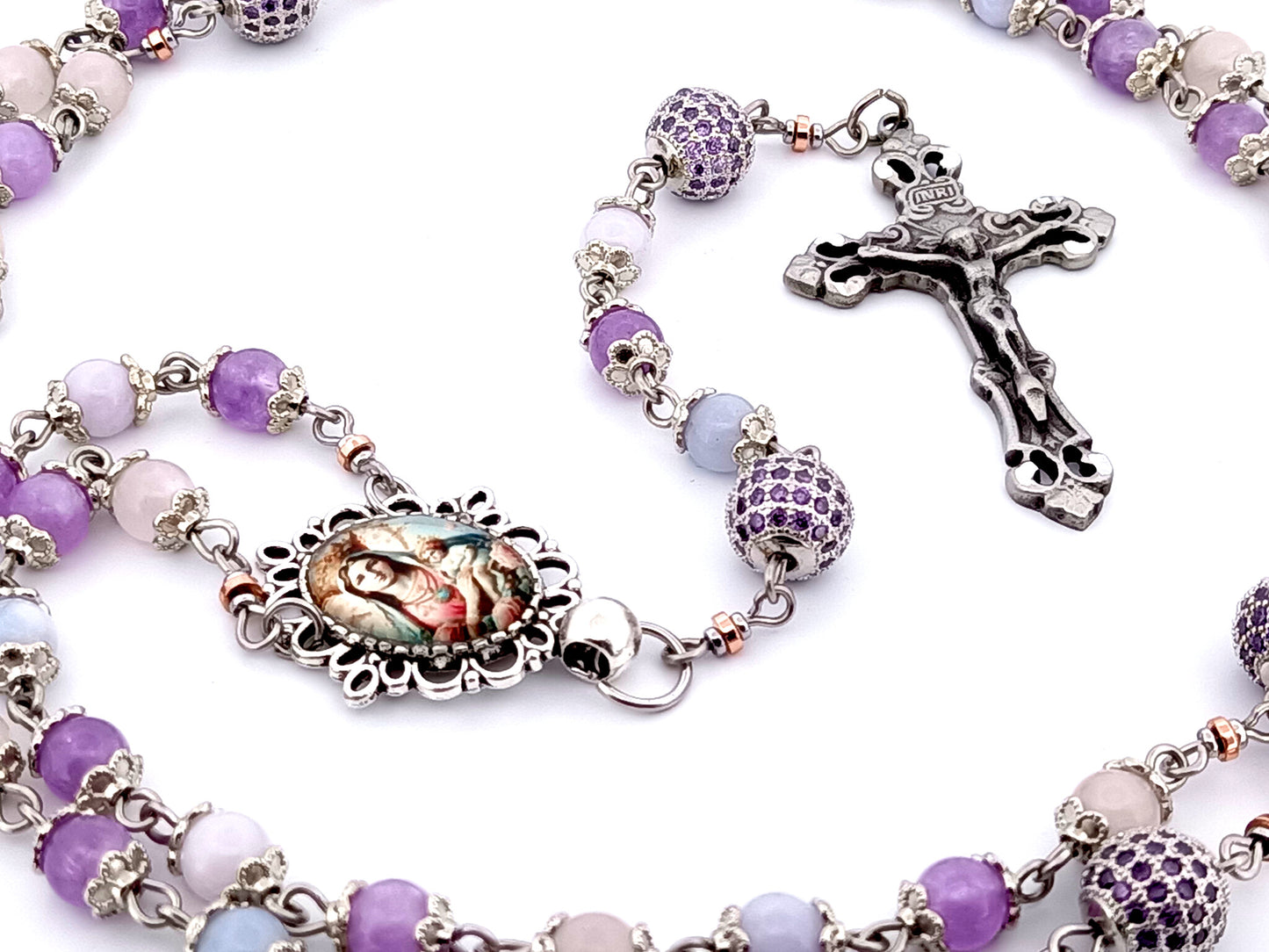 Our Lady of Perpetual Succor unique rosary beads aqua marine, rose quartz and amethyst gemstone rosary with pewter filigree crucifix.